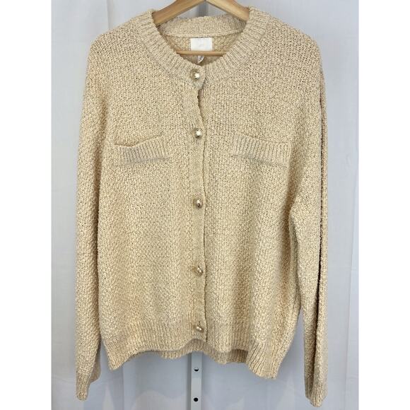 NWT H&M Shimmer Flecked Cardigan Sweater Gold Button Textured Knit Cream Size L - Picture 1 of 11